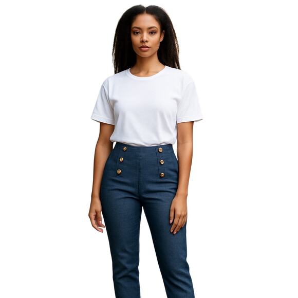 Banana Republic Blue Chambray Cropped Pants 8 Denim “Sloan” Sailor Style Buttons - Picture 1 of 6